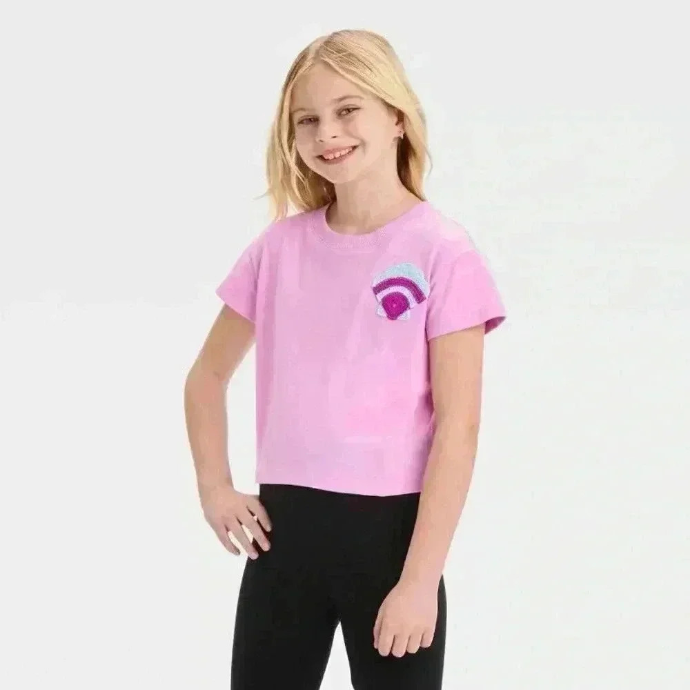 Girls' Short Sleeve Shell Applique Detail Boxy-Cat & Jack Lavender Large Mermaid